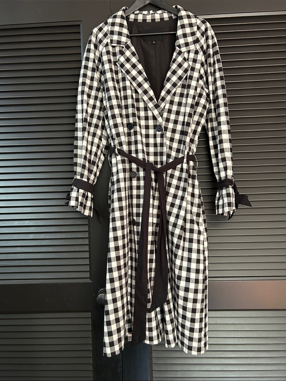 Who What Wear Black & White Buffalo Check Long Sleeve Trench Coat, Size Large